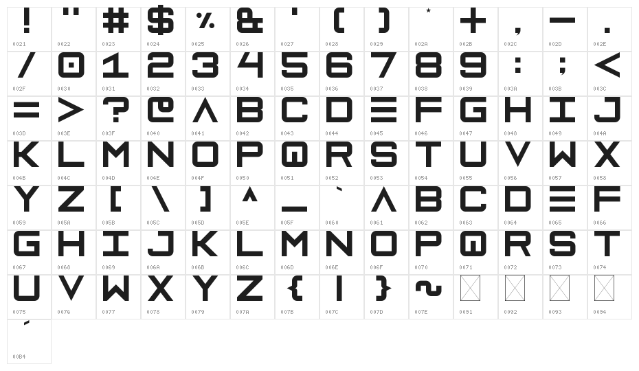 Arizone Unicase Regular Character Map