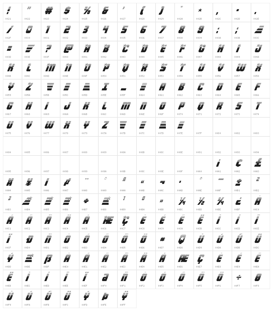Army Rangers Half-Tone Italic Character Map