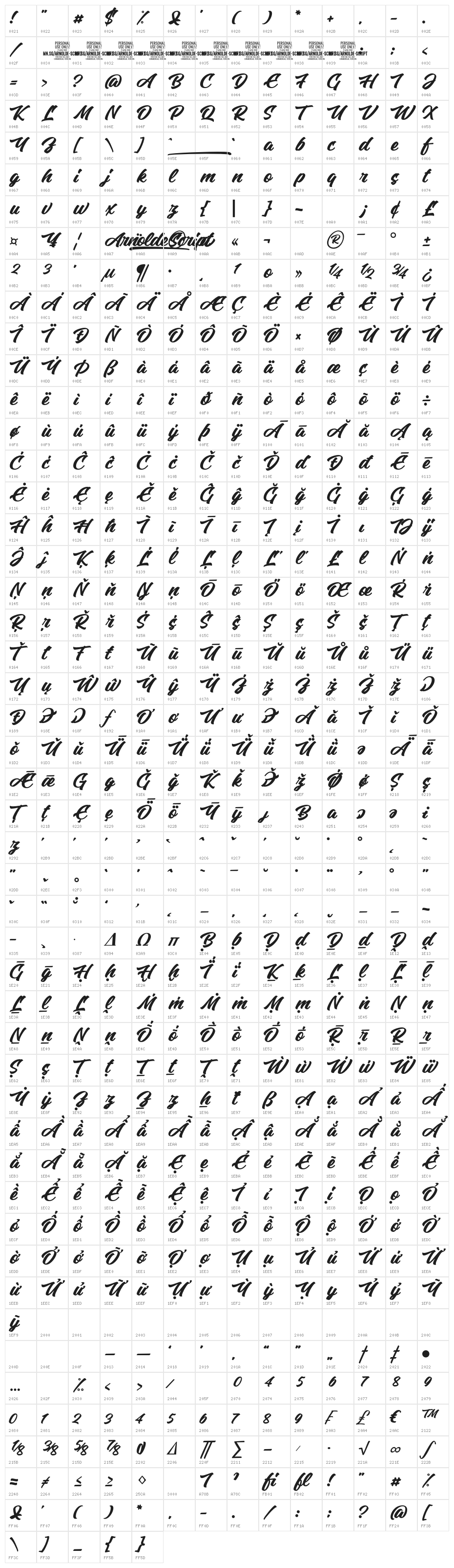 Arnolde Script PERSONAL USE Regular Character Map