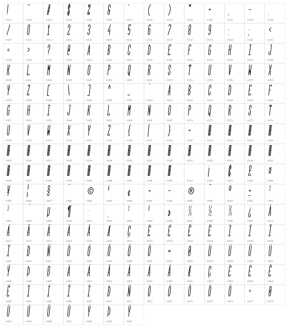 Arrose Italic Character Map