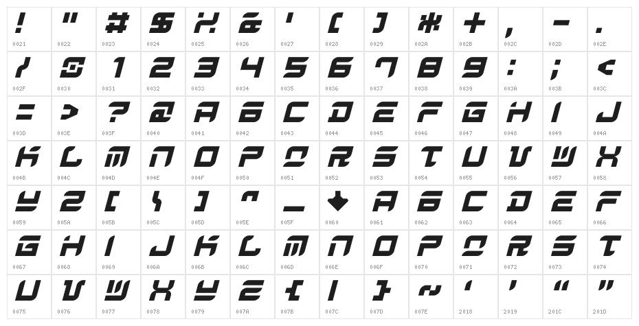 Arrow Stomper Oblique Character Map