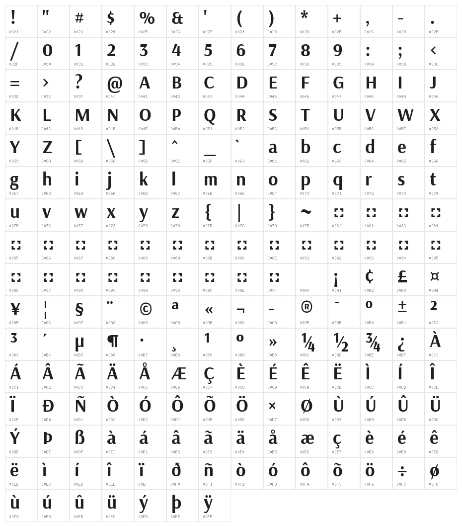 Arsenal Bold Character Map