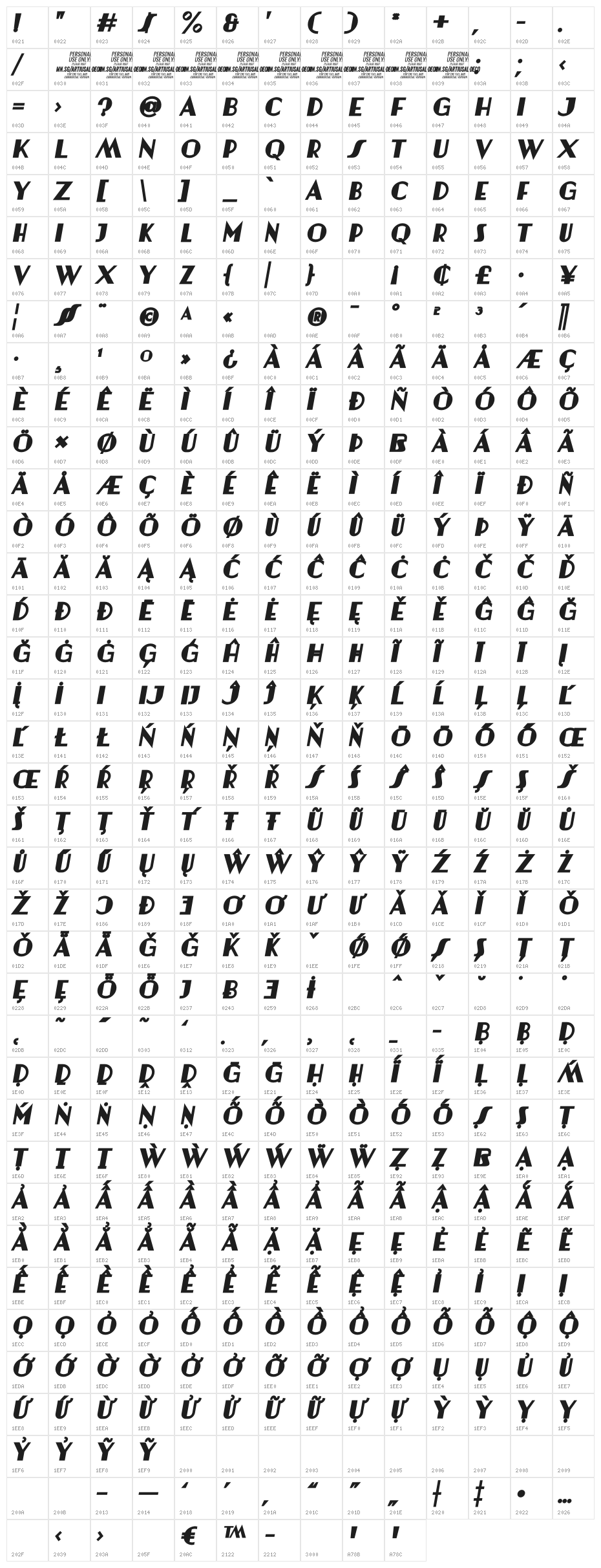 Artisual Deco Black Italic PERSONAL USE ONLY PERSONAL USE ONLY Character Map