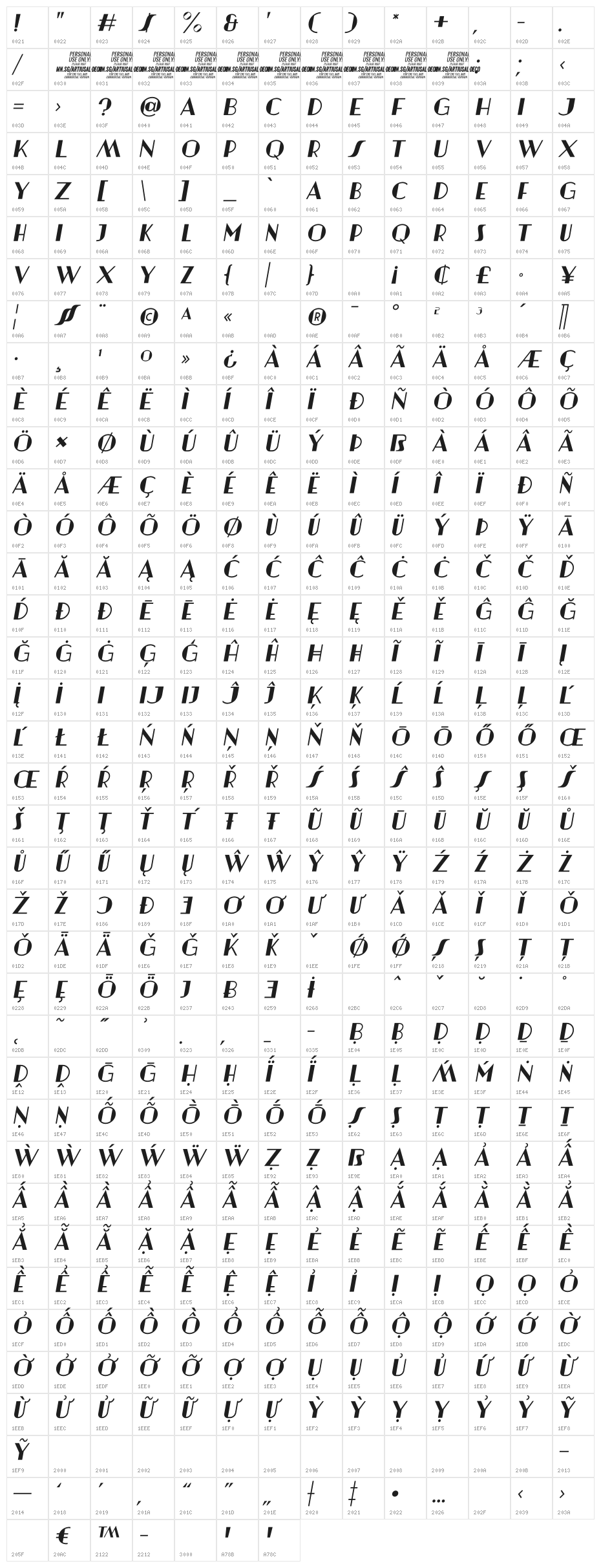 Artisual Deco Regular Italic PERSONAL USE ONLY PERSONAL USE ONLY Character Map