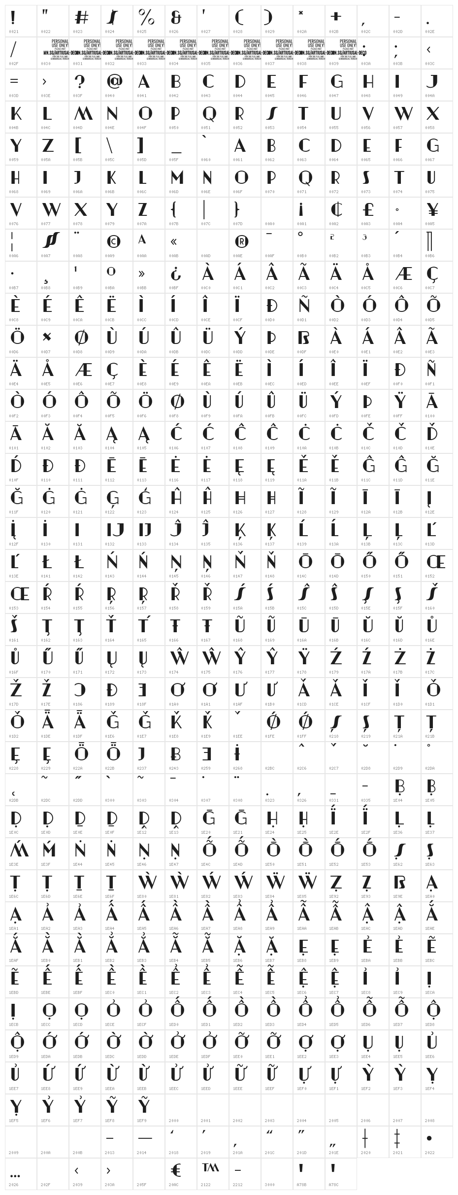 Artisual Deco Regular PERSONAL USE ONLY PERSONAL USE ONLY Character Map