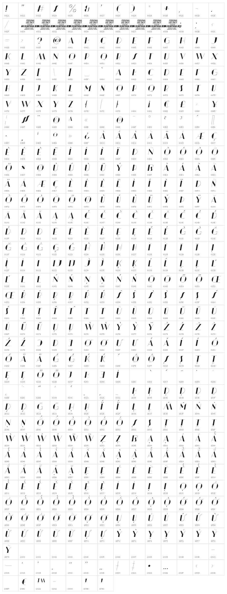Artisual Deco Thin Italic PERSONAL USE ONLY PERSONAL USE ONLY Character Map