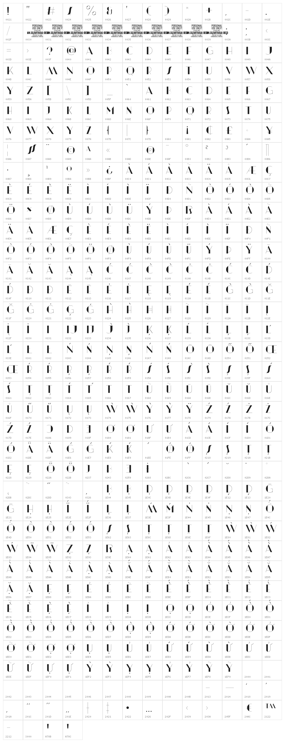 Artisual Deco Thin PERSONAL USE ONLY PERSONAL USE ONLY Character Map