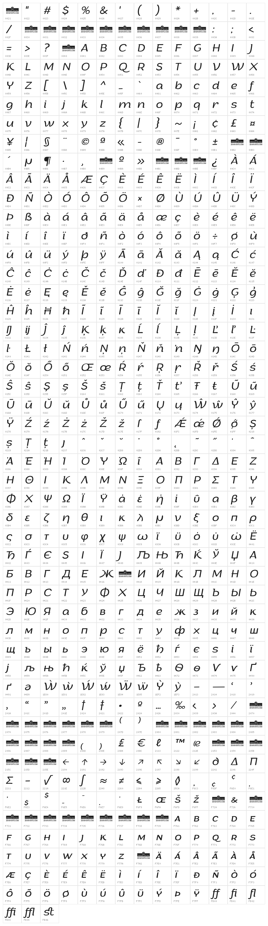 Arturo Trial Light Italic Character Map