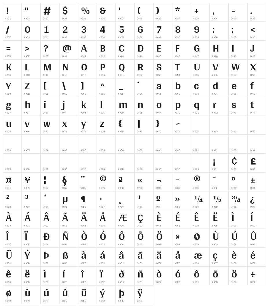 Arya Bold Character Map