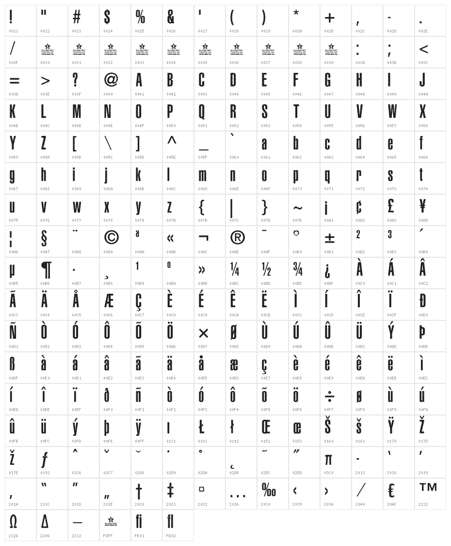 ASPHALTIC GRAIN CONDENSED PERSONAL USE Bold Character Map