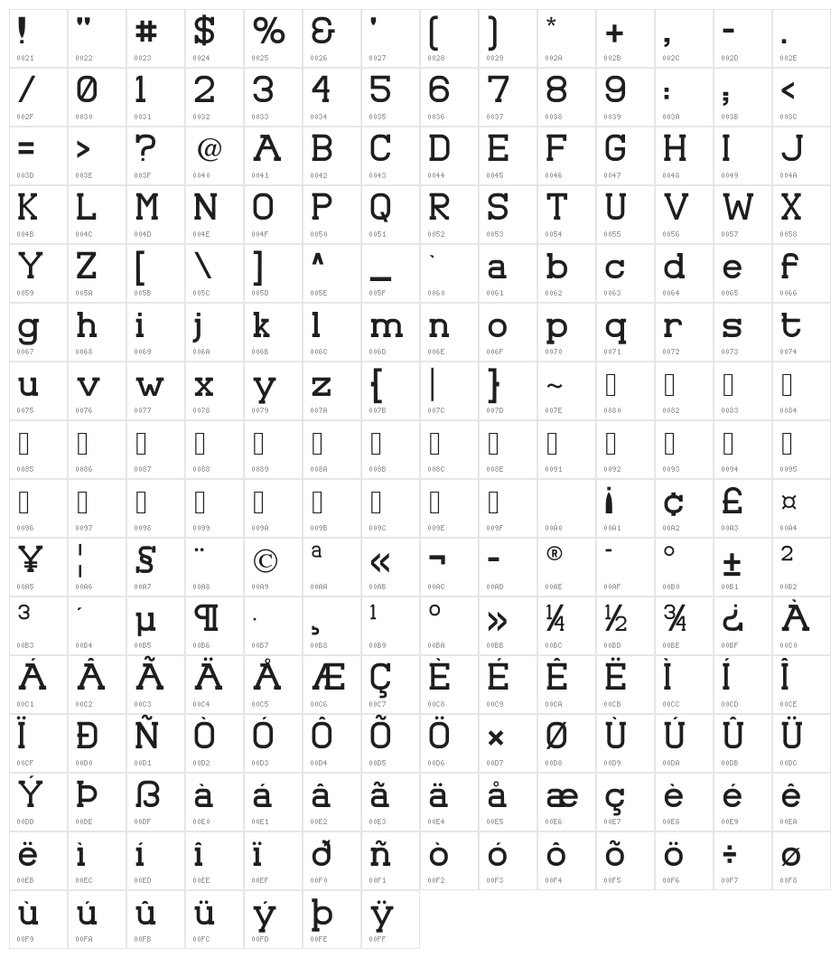 Asakura Slab Character Map