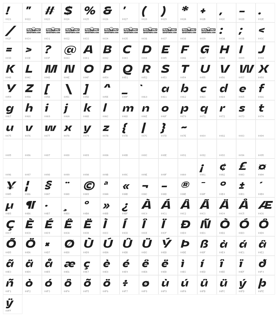 Asgard Trial Fit Bold Italic Character Map