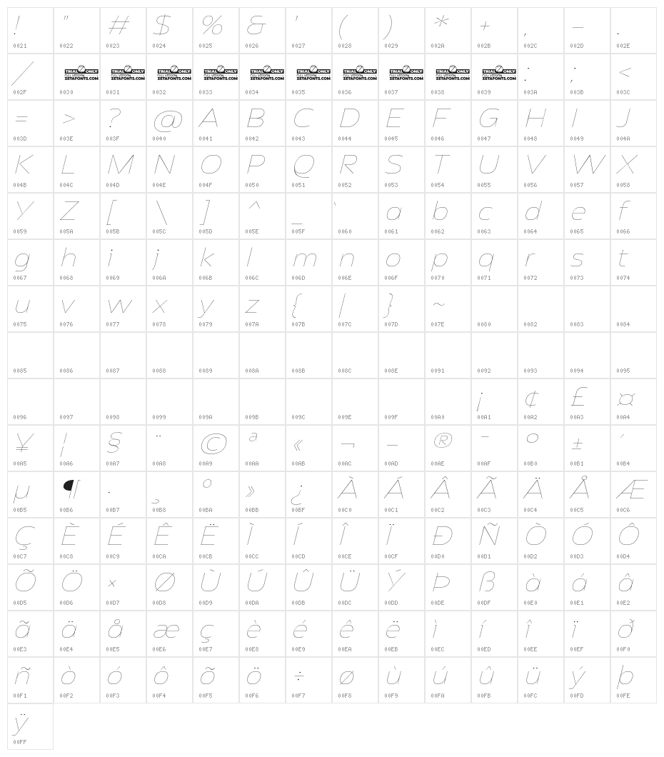 Asgard Trial Fit Thin Italic Character Map