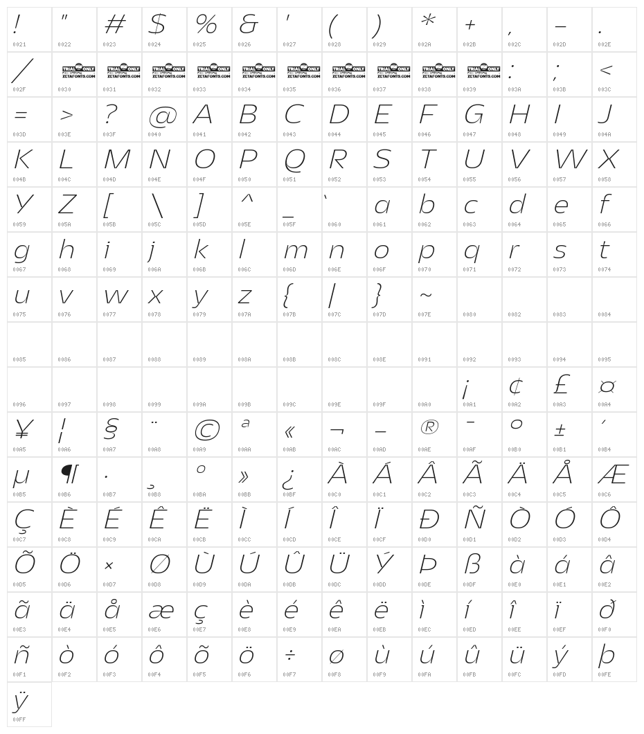 Asgard Trial Fit Xlight Italic Character Map