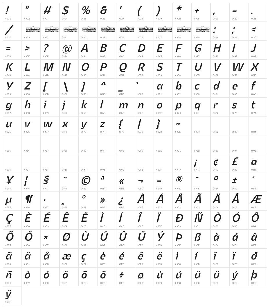 Asgard Trial Medium Italic Character Map
