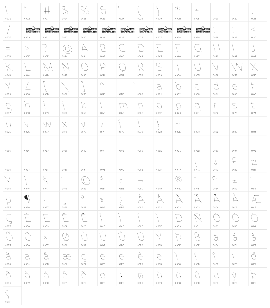 Asgard Trial Thin Backslant Character Map