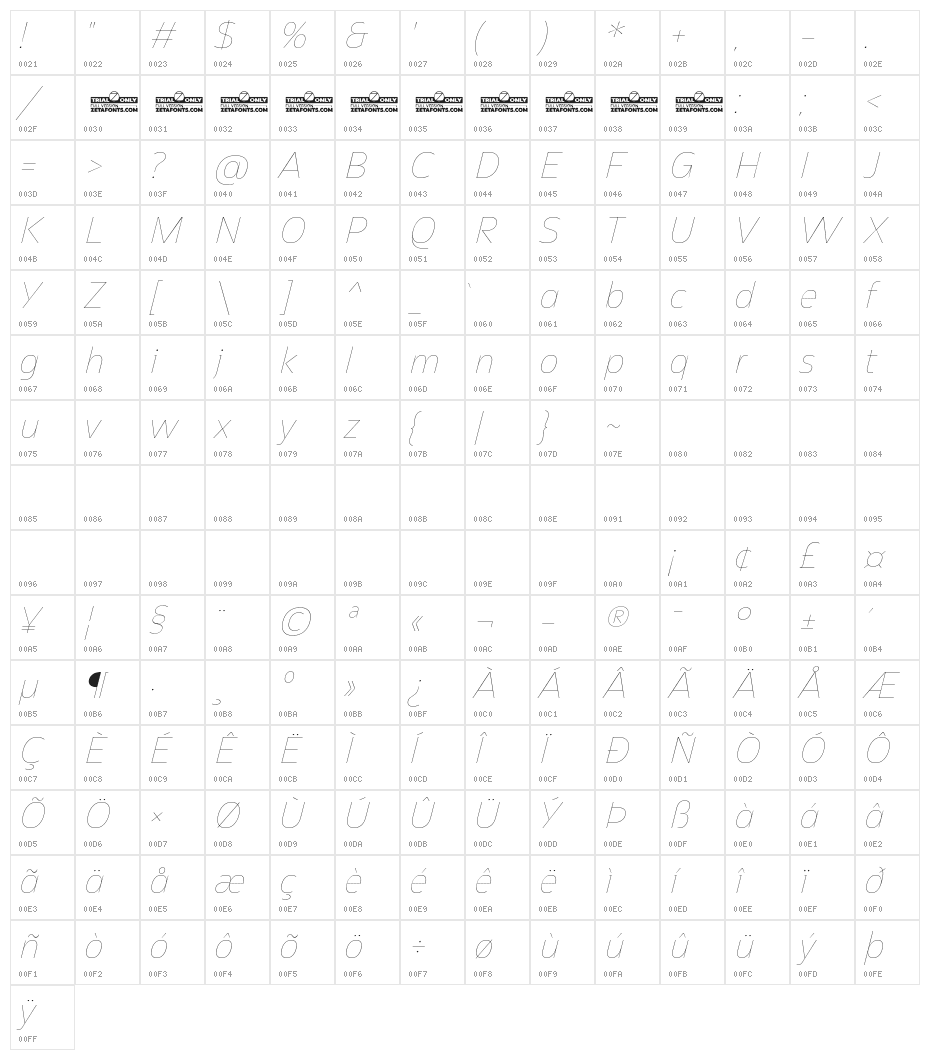 Asgard Trial Thin Italic Character Map