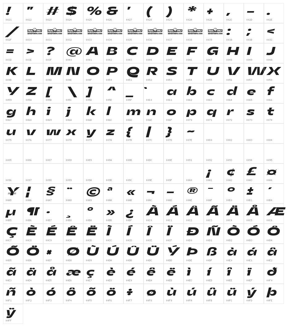 Asgard Trial Wide Bold Italic Character Map