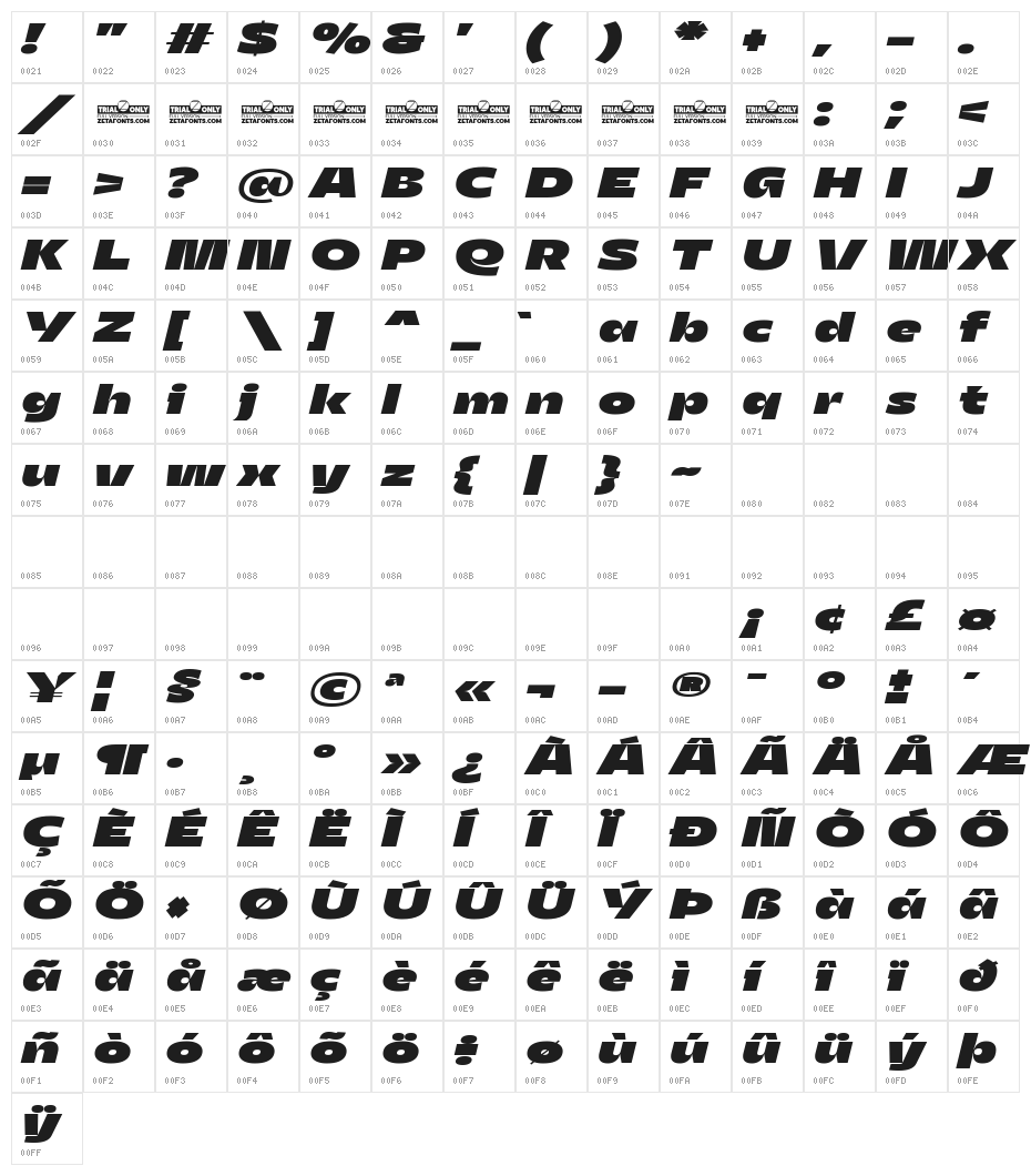 Asgard Trial Wide Fat Italic Character Map