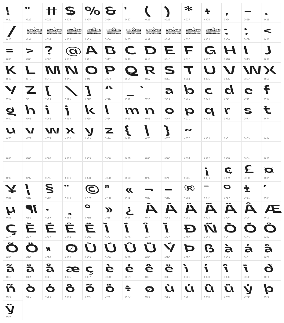 Asgard Trial Wide Medium Backslant Character Map