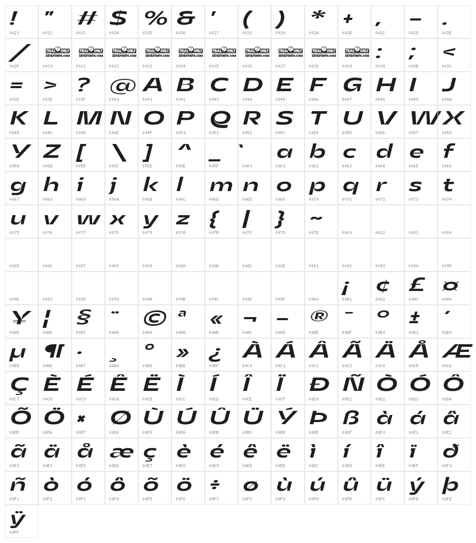 Asgard Trial Wide Medium Italic Character Map