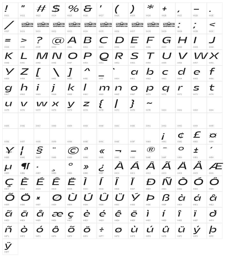 Asgard Trial Wide Regular Italic Character Map