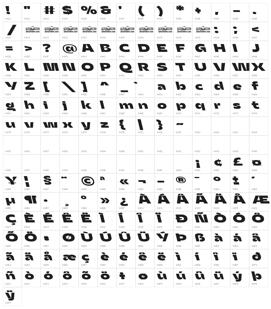 Asgard Trial Wide Xbold Backslant Character Map