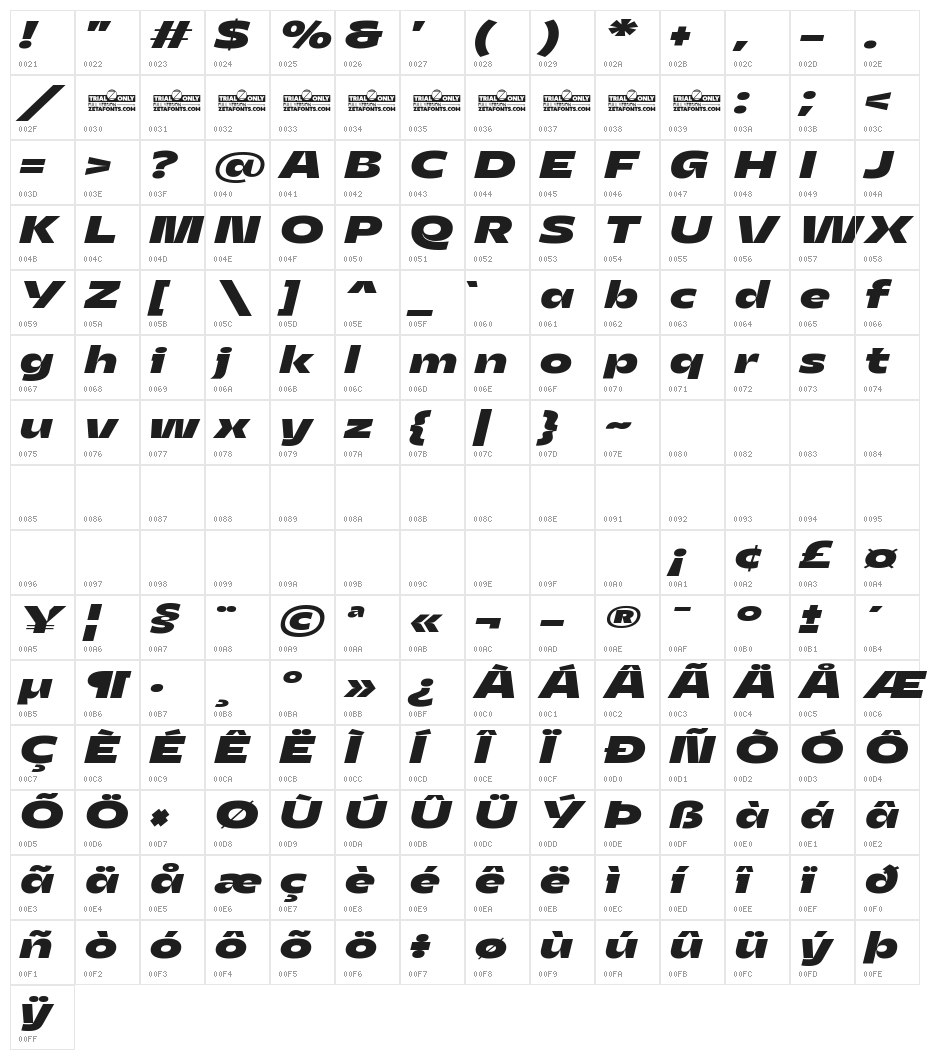 Asgard Trial Wide Xbold Italic Character Map