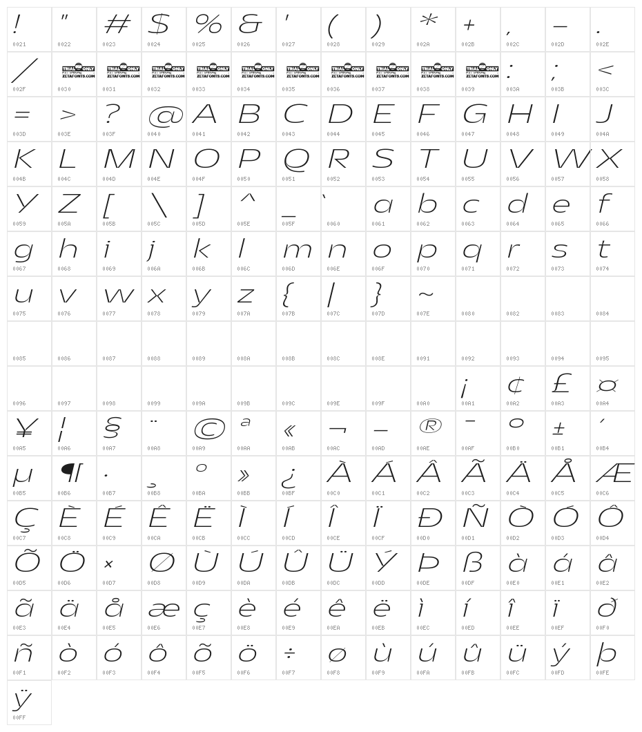 Asgard Trial Wide Xlight Italic Character Map