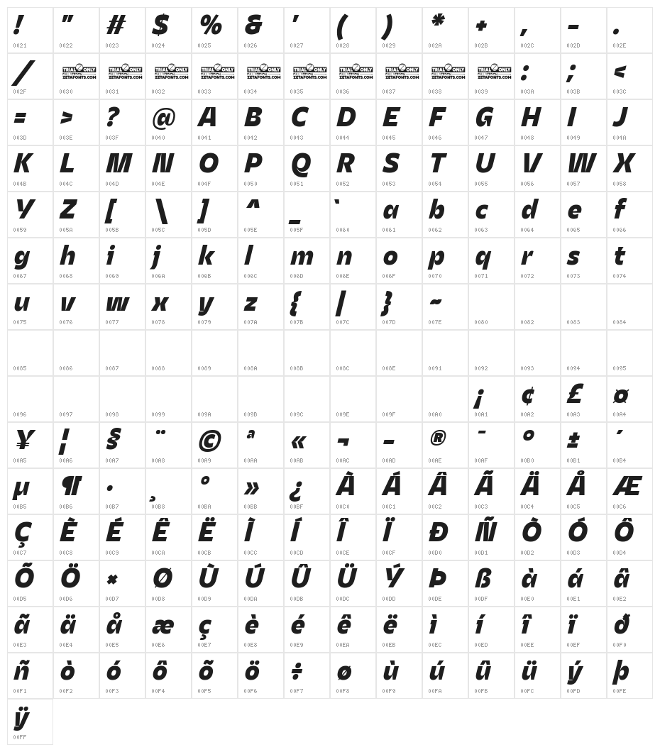 Asgard Trial Xbold Italic Character Map