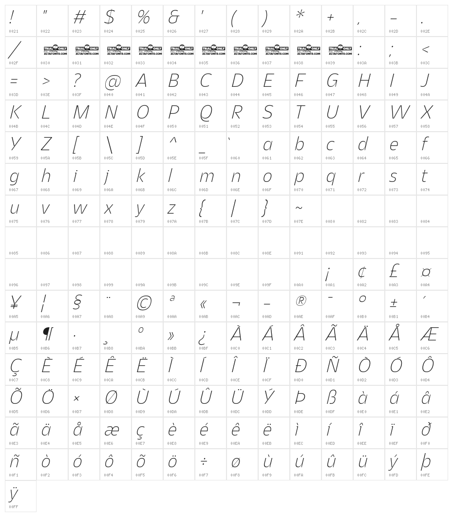 Asgard Trial Xlight Italic Character Map