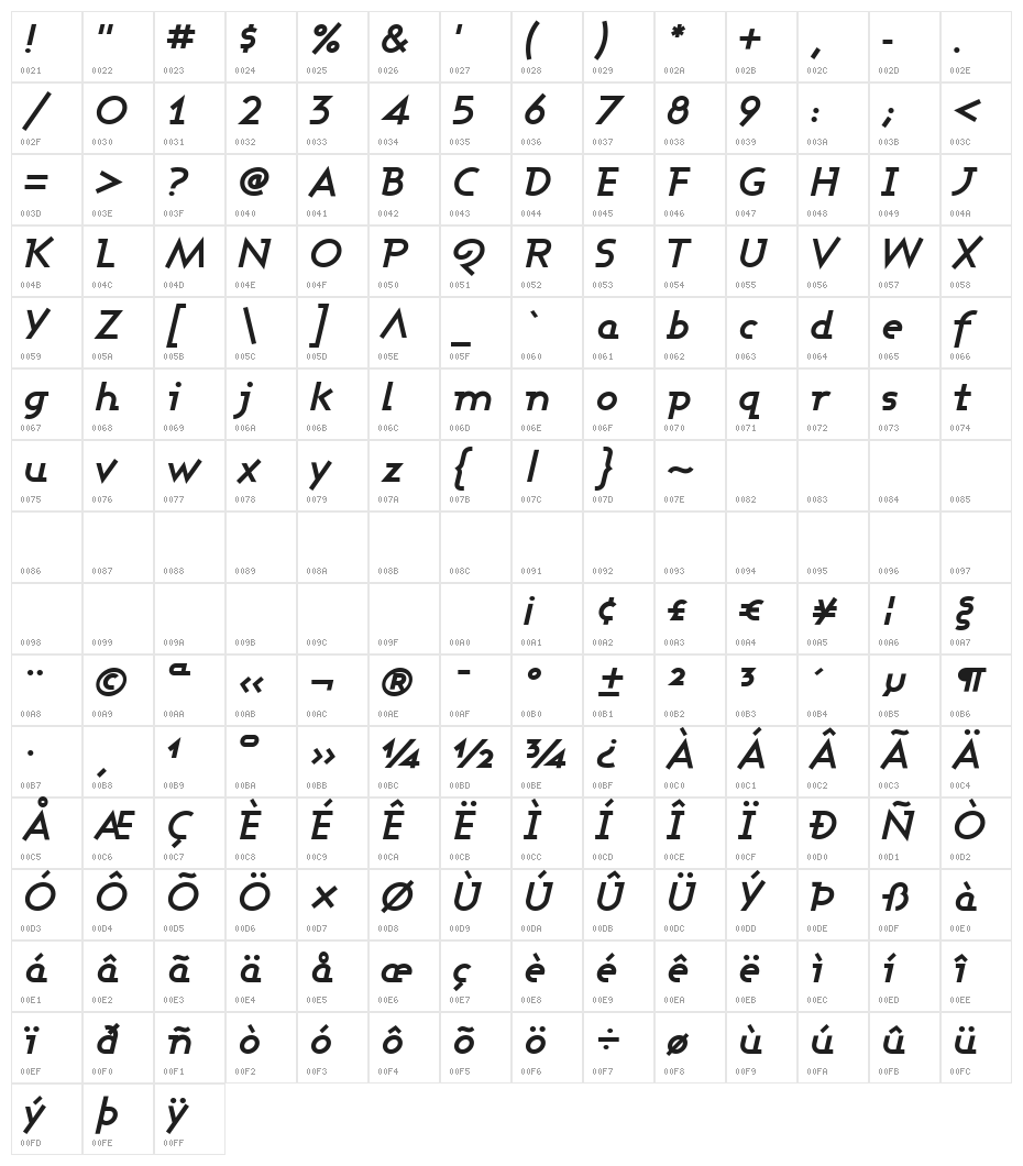 Ashby Bold Italic Character Map
