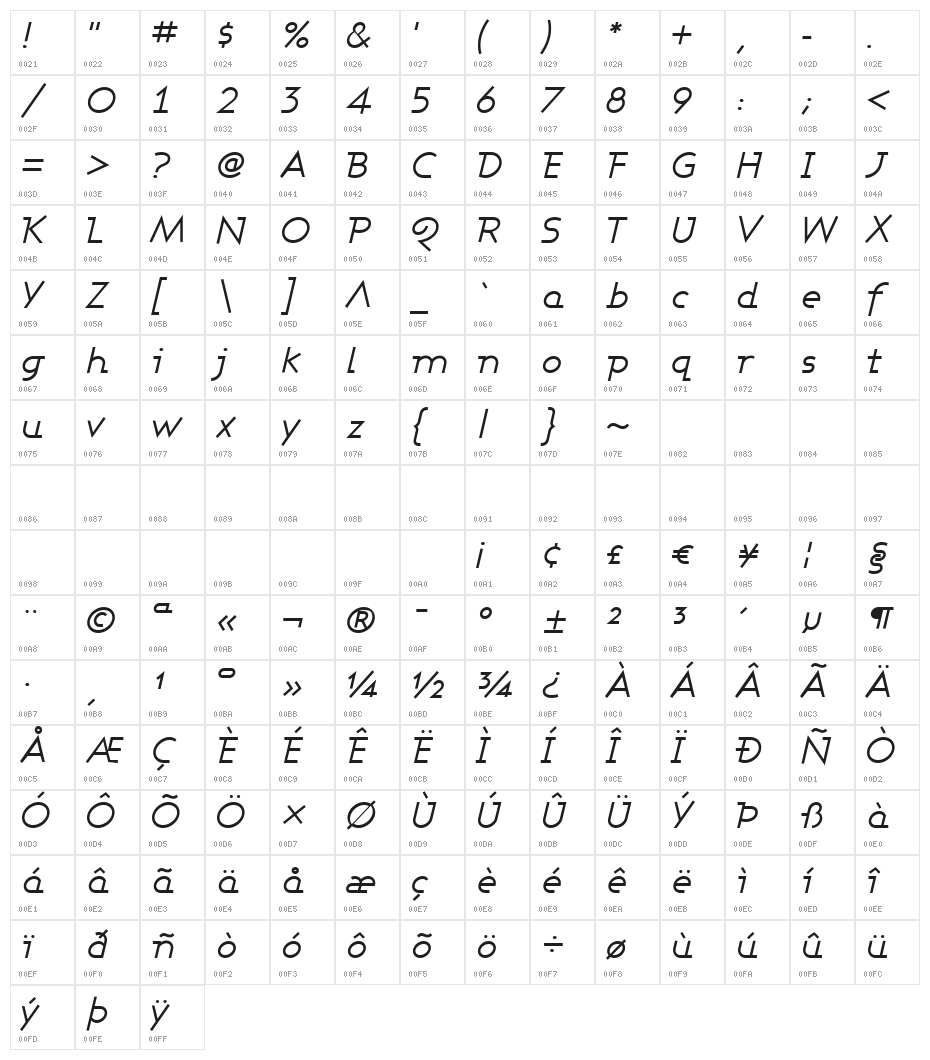 Ashby Book Italic Character Map