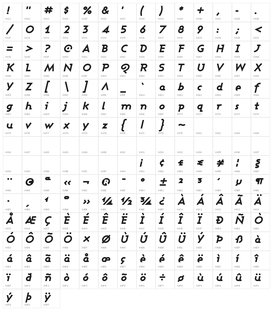 Ashby Extra Bold Italic Character Map