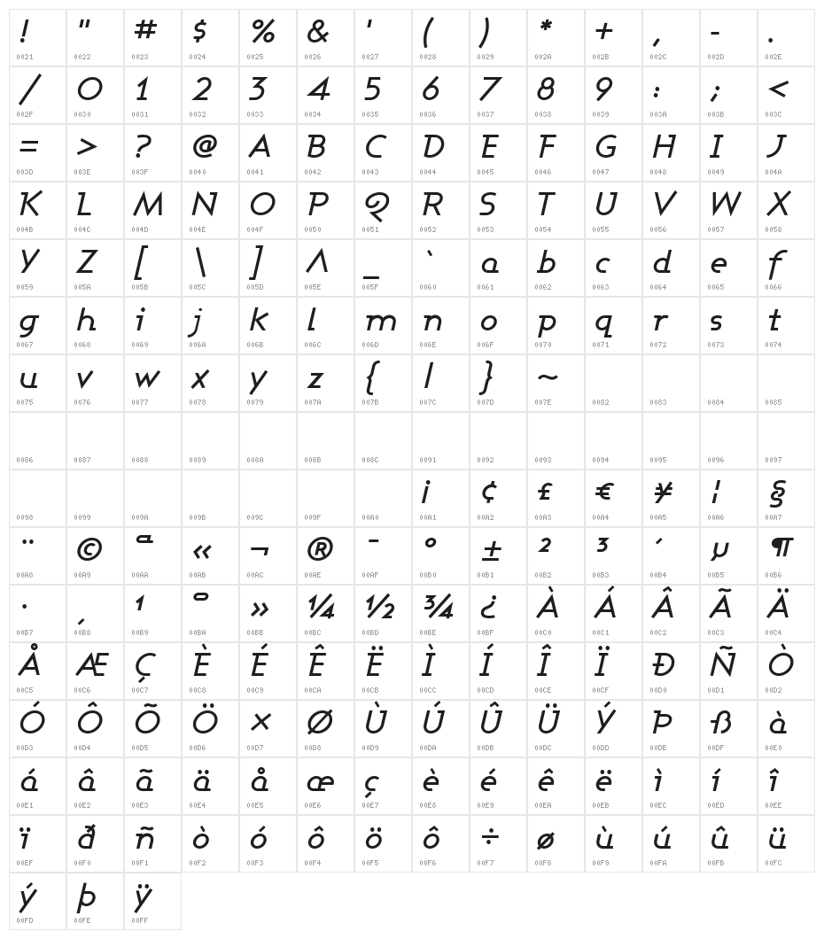 Ashby Medium Italic Character Map