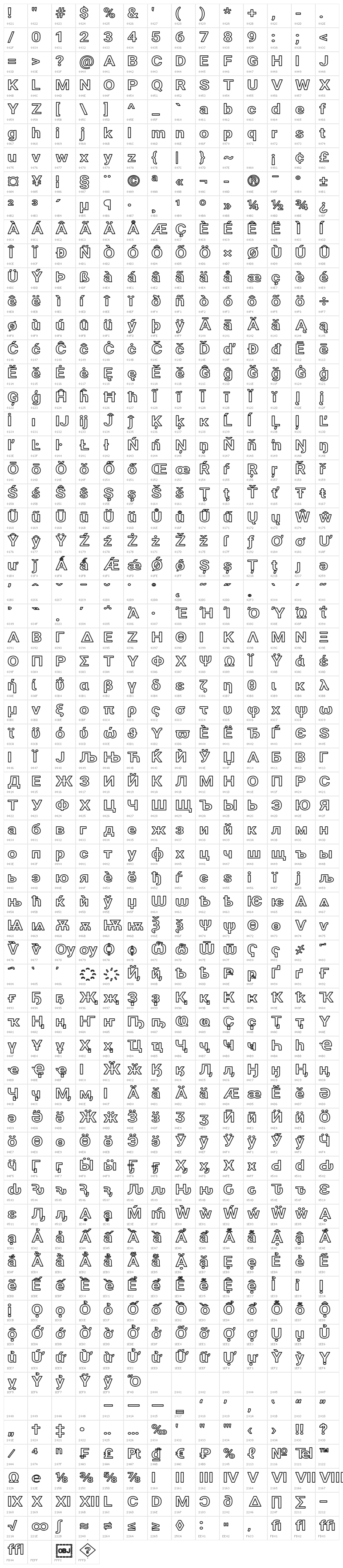 Asimov Extra Wide Outline Character Map