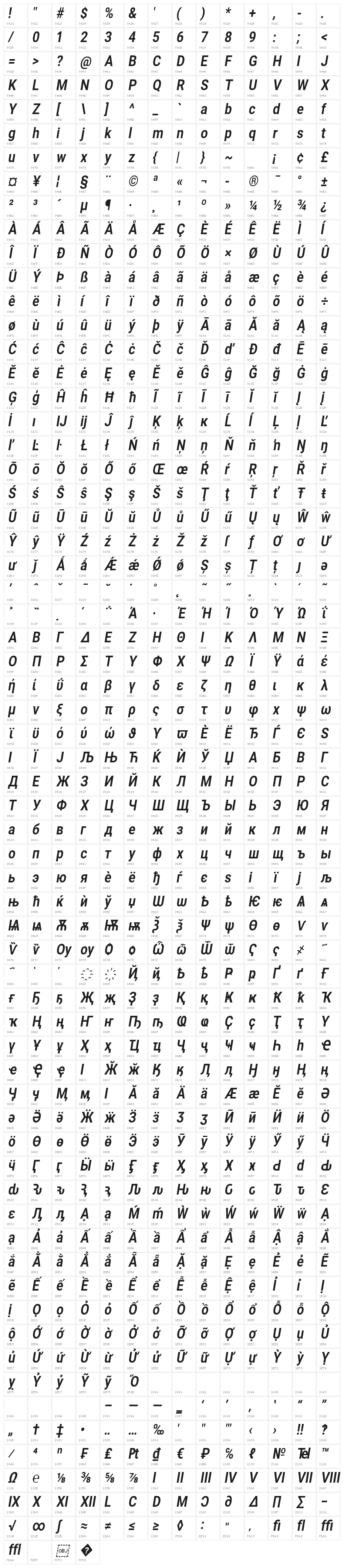 Asimov Narrow Italic Character Map