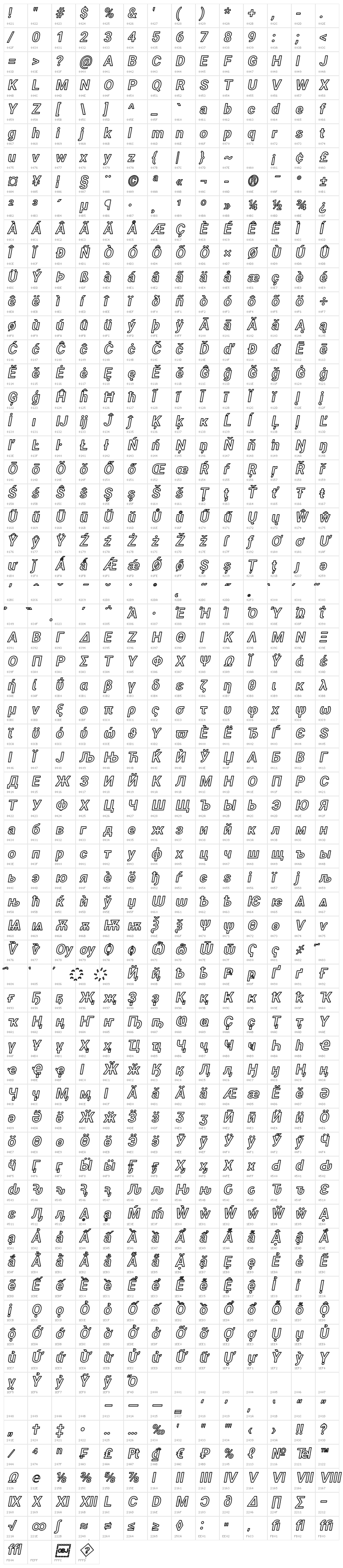 Asimov Outline Italic Character Map