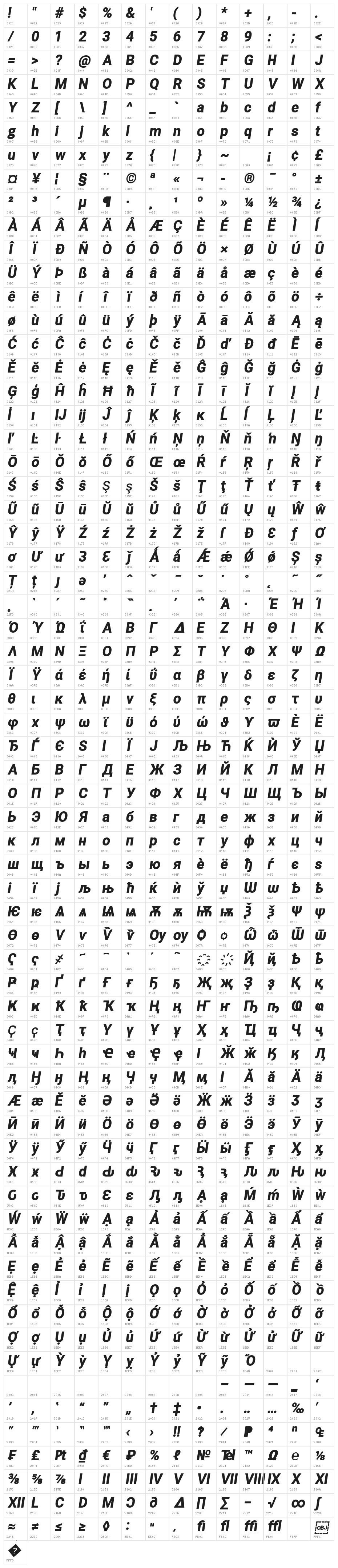 Asimov Pro Ultrablack Oblique Character Map