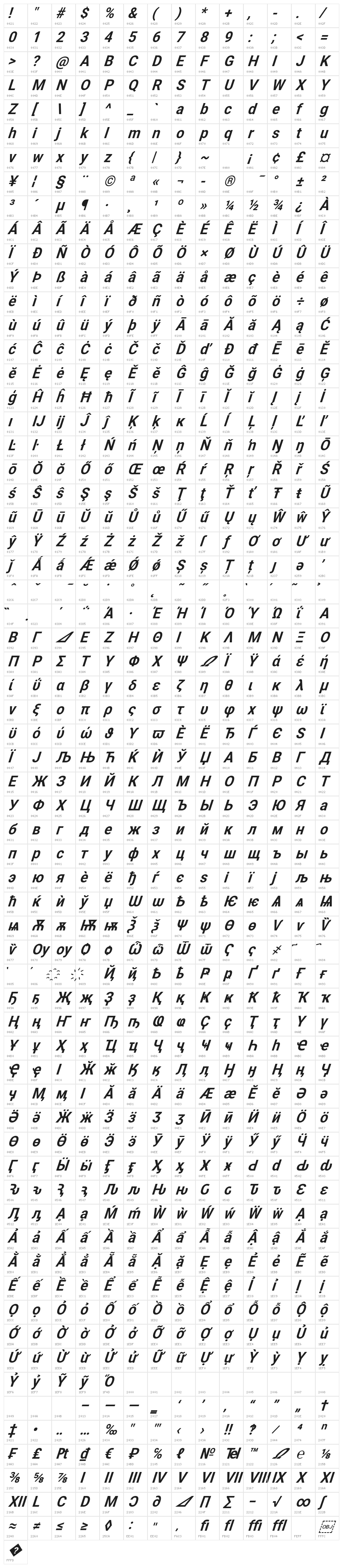 Asimov SuperItalic Character Map