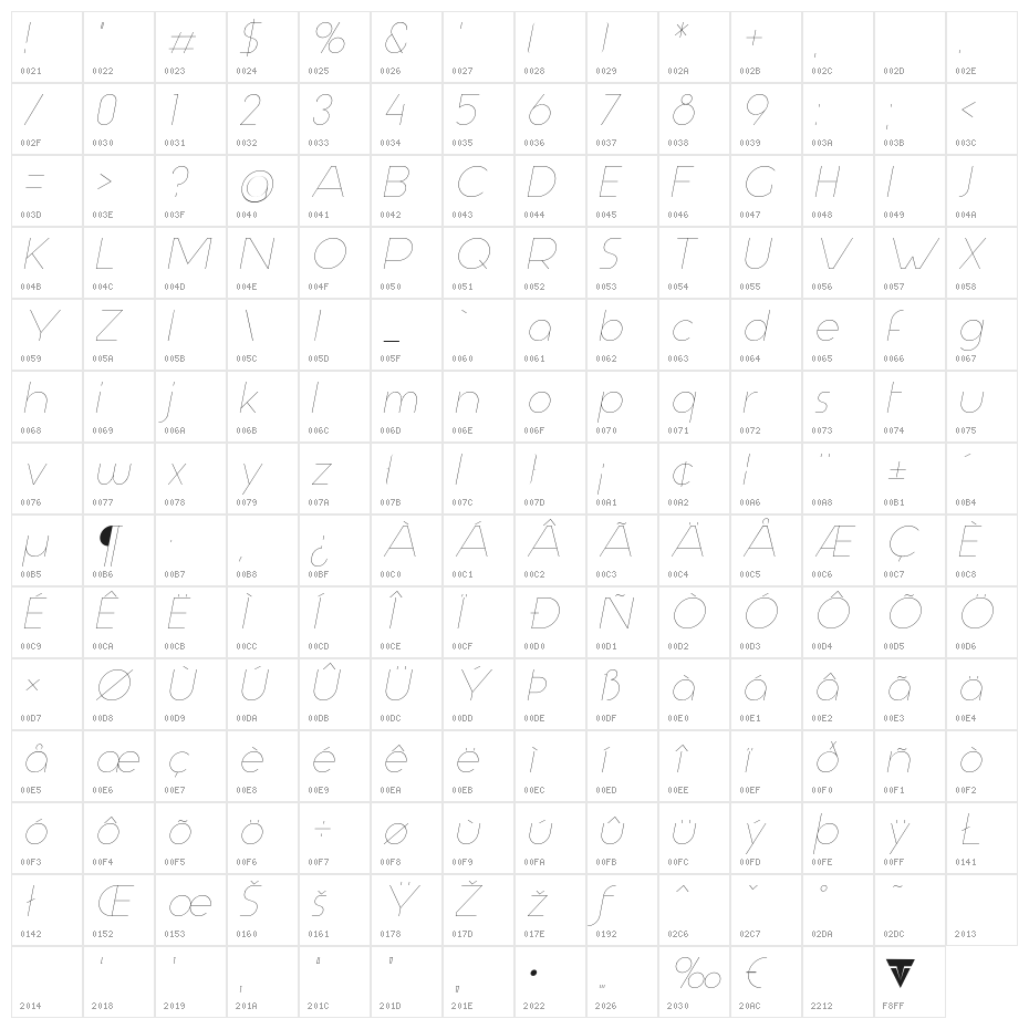 Aspergit Light Italic Character Map