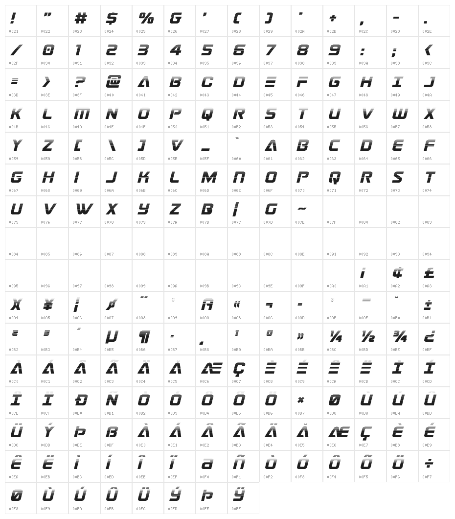 Astro Armada Halftone Italic Character Map