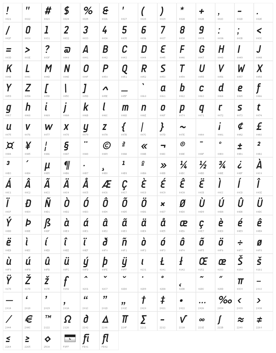 AUdimat Bold Italic Character Map