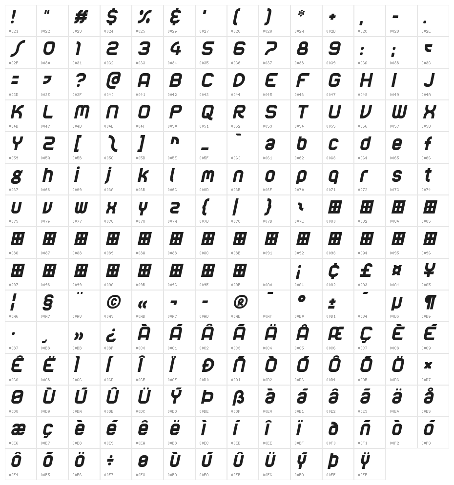 Audex Italic Character Map
