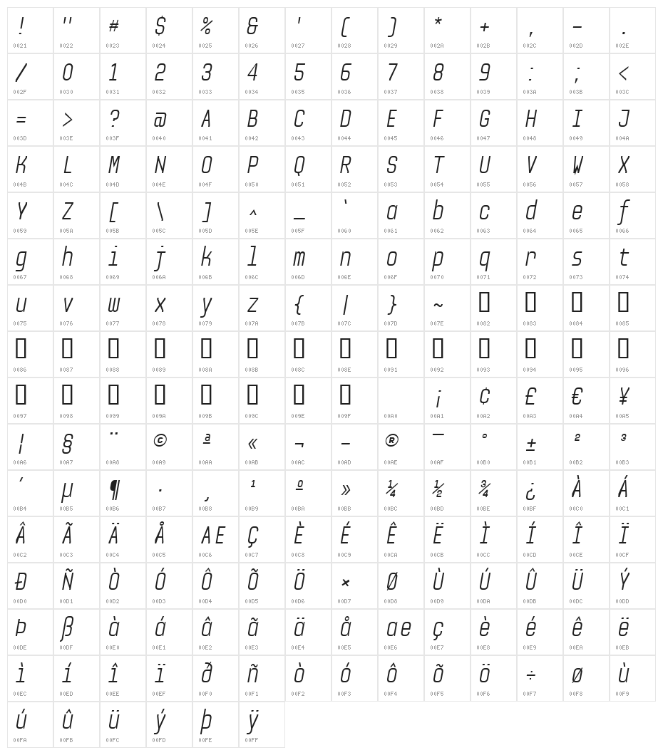 Audimat Mono LightOblique Character Map