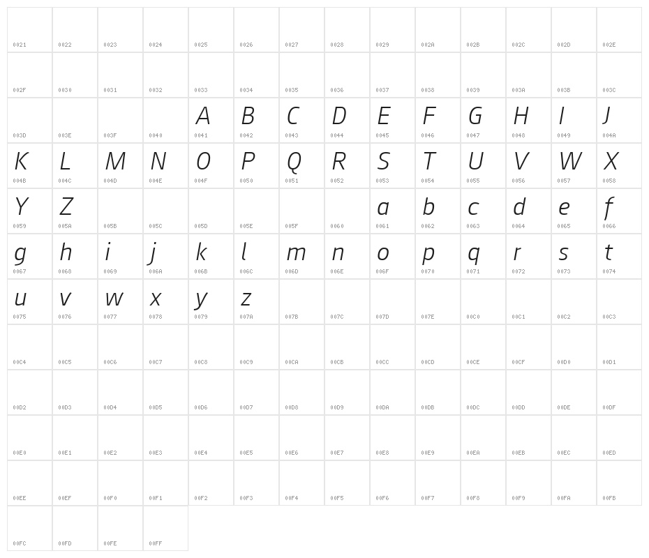 August Sans Reduced 46 Light Italic Character Map