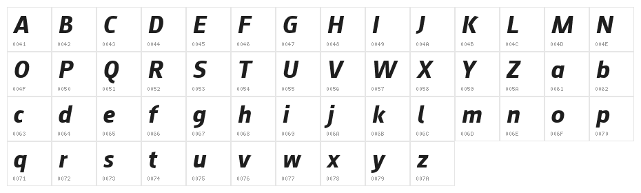 August Sans Reduced 76 Bold Italic Character Map