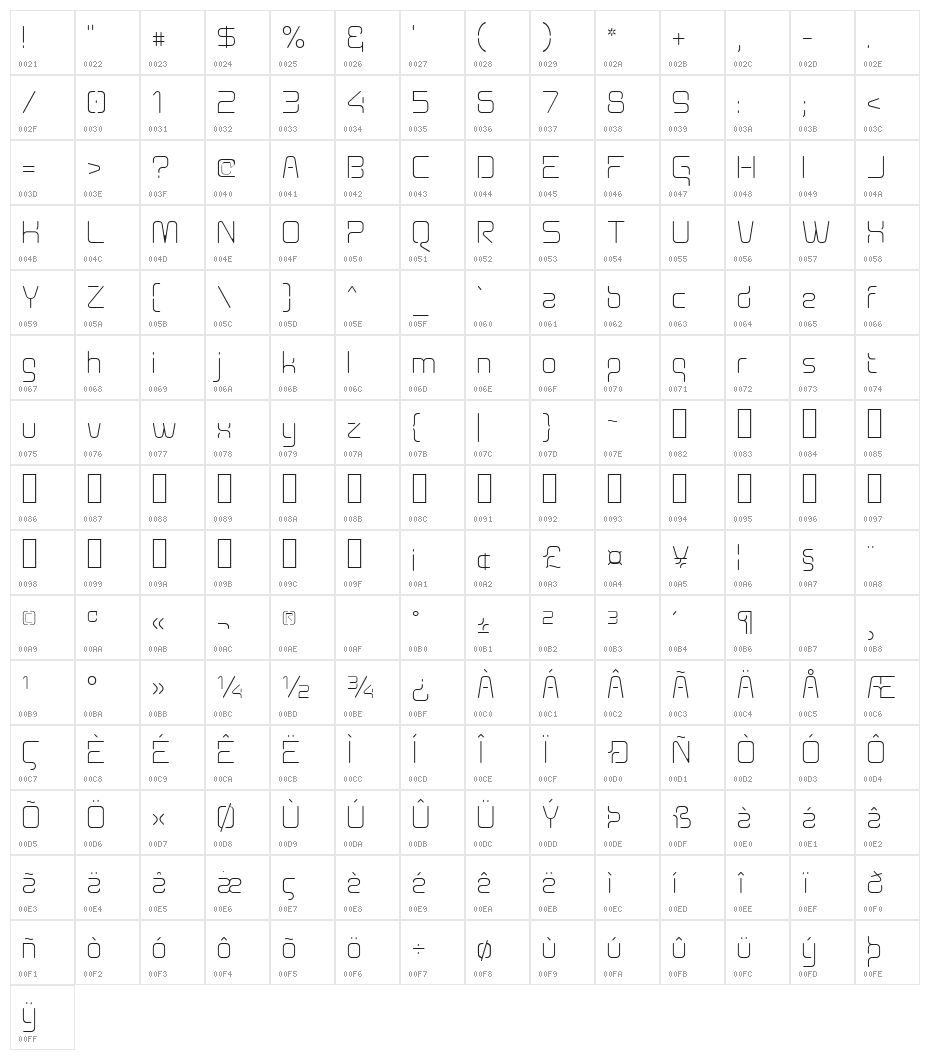 Aunchanted Xspace Thin Character Map