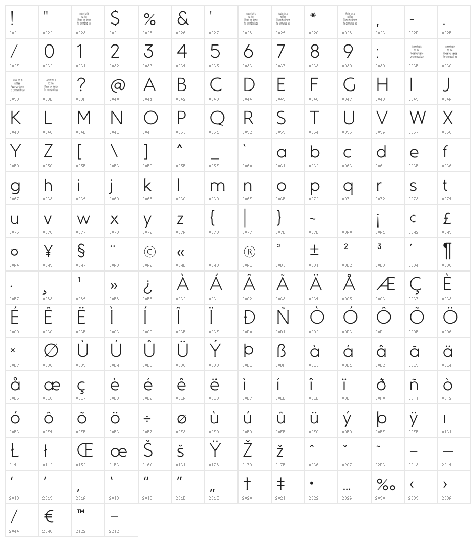 Ausion Personal Use Light Character Map