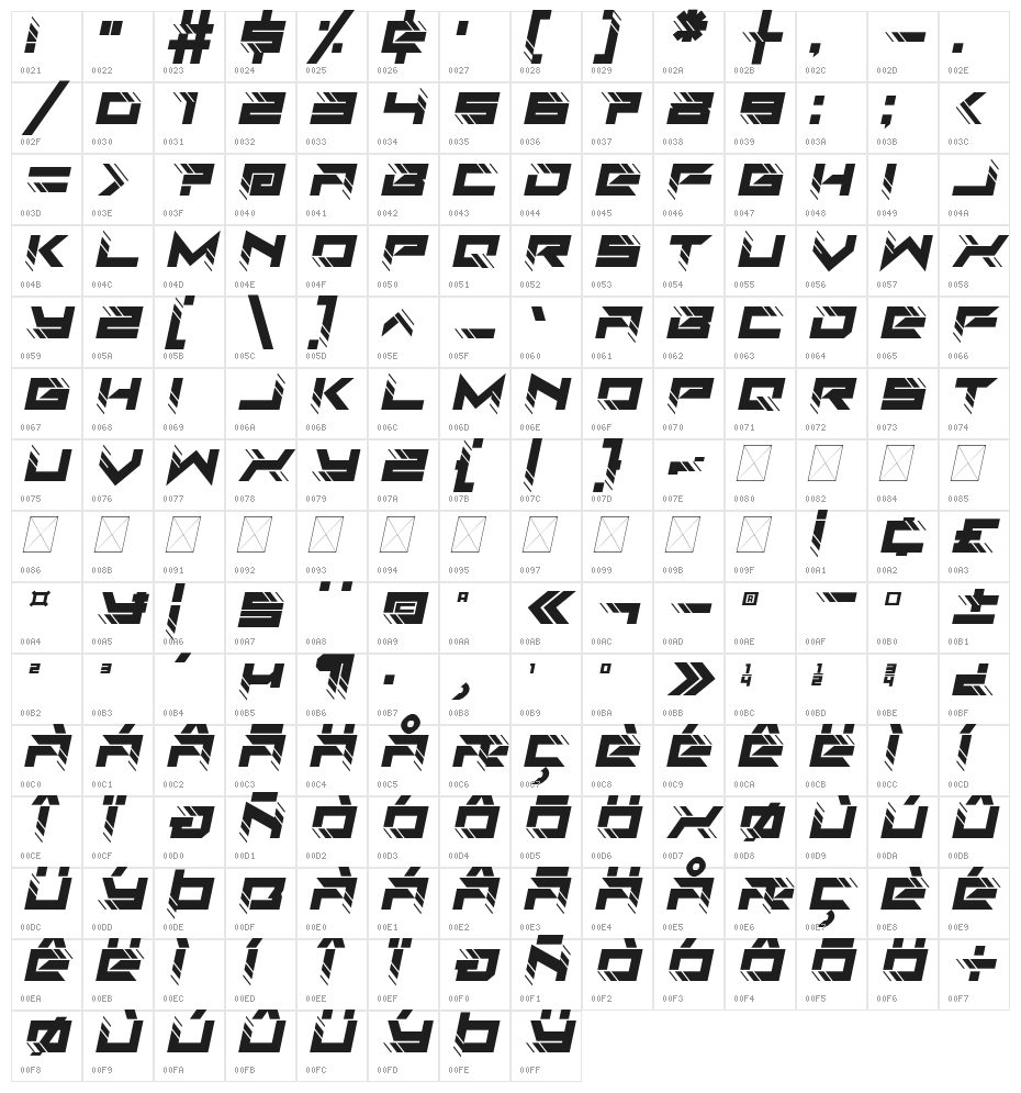 Auto Techno Italic Character Map